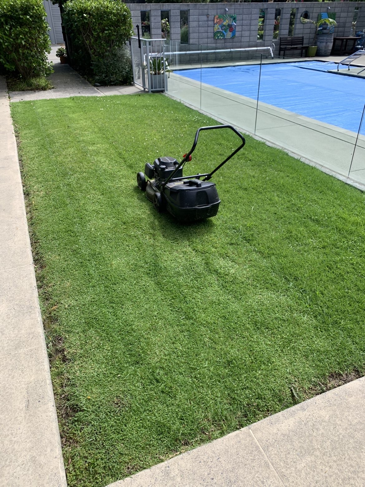 Poolside lawn mowing